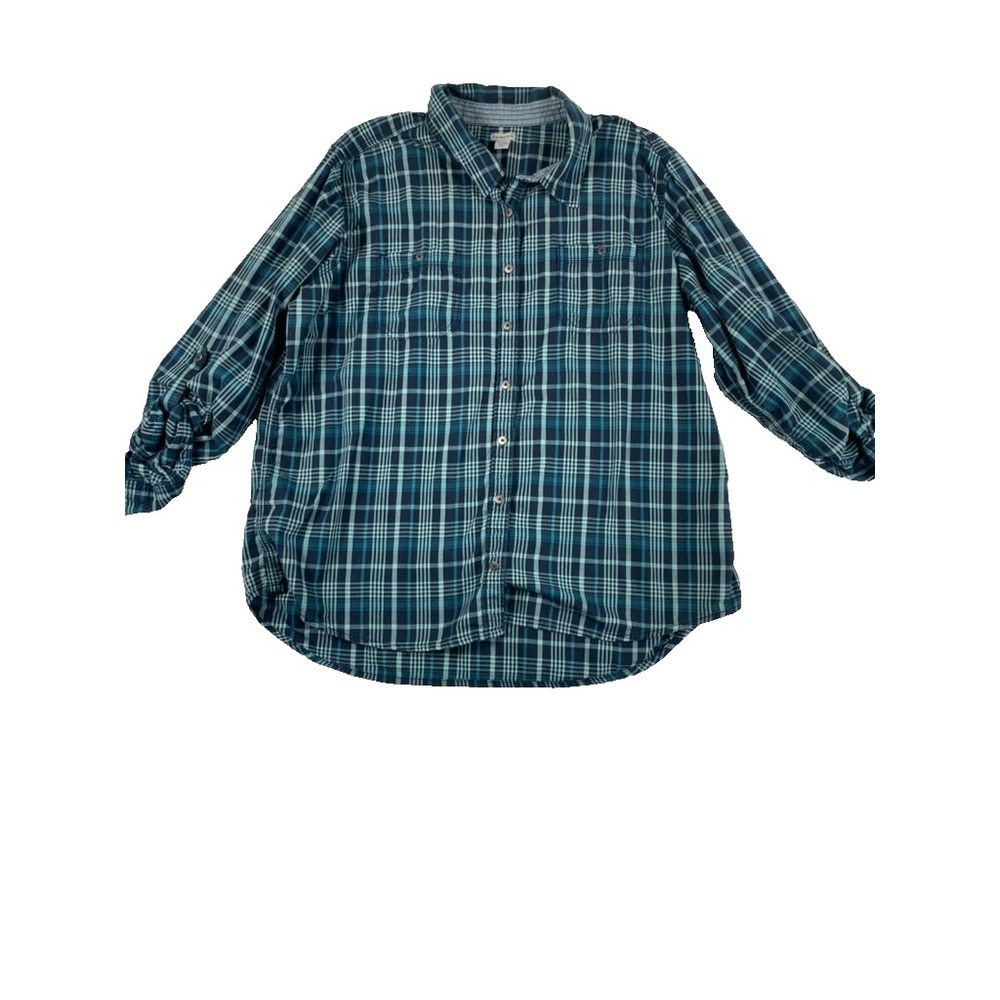 Carhartt Button Up Shirt Women Sz XXL 20 Blue Plaid Roll Tab Sleeve 100% Cotton